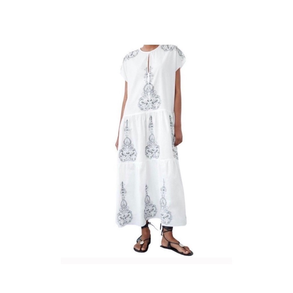 ZARA EMBROIDERED Midi DRESS Black embroidery Split neck Cotton Tiered Boho Large